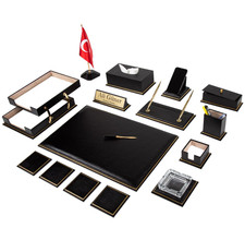 Genuine Leather Desk Set 12 Piece Luxury Office Organizer Gold Trim Personalized