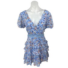 City Studio Blue Floral Lace Tiered Ruffle Flounce Puff Sleeve Mini Dress Sz 11