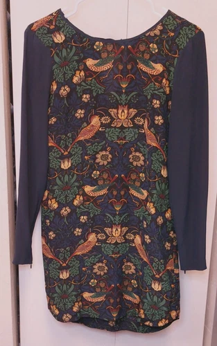 VETEMENTS Abito Club Monaco Navy Micaila seta con uccellino taglia 00 stampa floreale tubino tunica