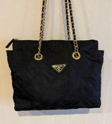 PRADA Quilted Chain Shoulder Bag Tote Tessuto Nylon in Black Vintage Used