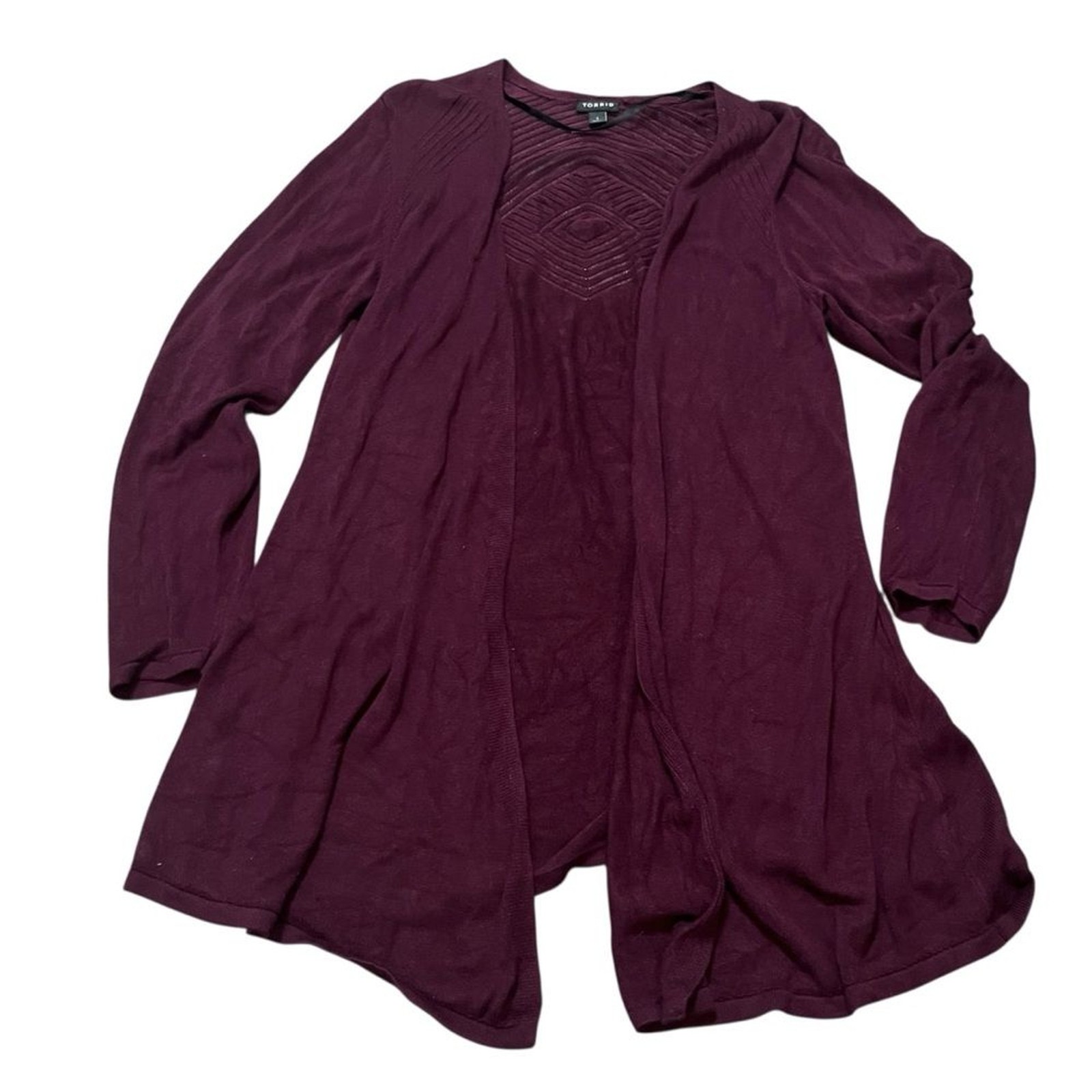 Torrid Womens Cardigan Maroon Pointelle Open Knit Longline Duster Boho Size 1X