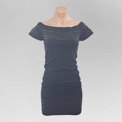 Y2k Bebe Black Off-the-Shoulder Bodycon Mini Dress Small Metallic Gold Stripes 