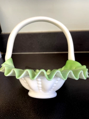 Fenton Glass Basket Green Hobnail 1940s 10" Excellent Condition Rare - Lovely