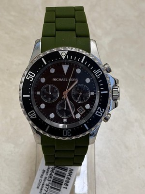 NEW AUTHENTIC MICHAEL KORS EVEREST SILVER BLACK GREEN SILICONE MK8981 MENS WATCH