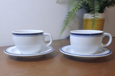 2 x Vintage Habitat BISTRO Cups & Saucers White with Blue Band - VGC  (4 avail.)