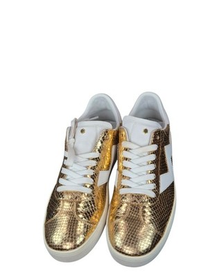 Stuart Weitzman Daryl Sneaker Snake Embossed Metallic Rose Gold White Sz 9.5 40