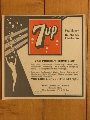 7 UP Vintage 1939 NOS Soda Bottle Label 24 Oz Bubbles Girl Design 