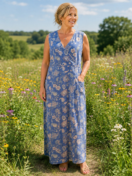Westbound maxi dress size L sleeveless 51" long V neck denim blue floral slit