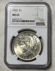 1922-P  S$1 PEACE SILVER DOLLAR NGC MS63