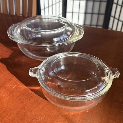 2 Vintage PYREX Glass Casserole Serving Dishes w/ Lids - 019 20oz & 022 1 Qt