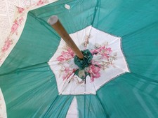 Antique Rose Silk Parasol for Repair Wood Handle Edwardian Victorian Green Pink