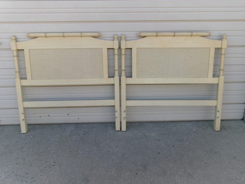 Set 2 Faux Bamboo Twin size Headboards Regency Pair Palm Beach MCM Cane Ivory