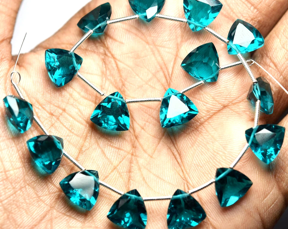 Peacock Blue Quartz Trillion Cut Stones, Faceted Beads Gemstone Size 10 mm 8"inc - Image 3 of 4