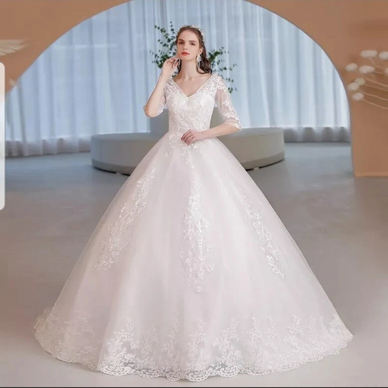 UK White Ivory Half Sleeves Bridal Lace V Neck A Line Wedding