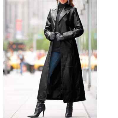 BLACK Women Long Real Soft Leather Trench Coat Handmade Stylish