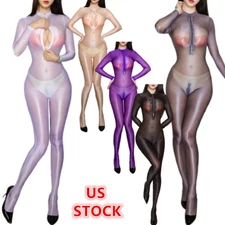 Women Bodysuit Zip Long Sleeve Unitard Bodycon Jumpsuits Bodystocking Leotard