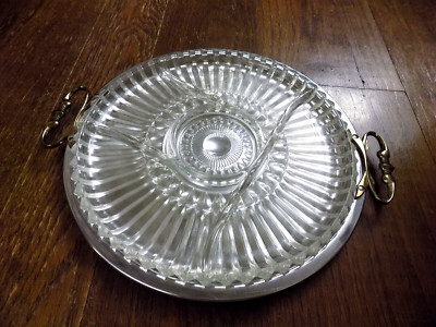 Vtg KROMEX Round Serving Platter Tray Chrome Gold Handles w/ Glass Relish insert