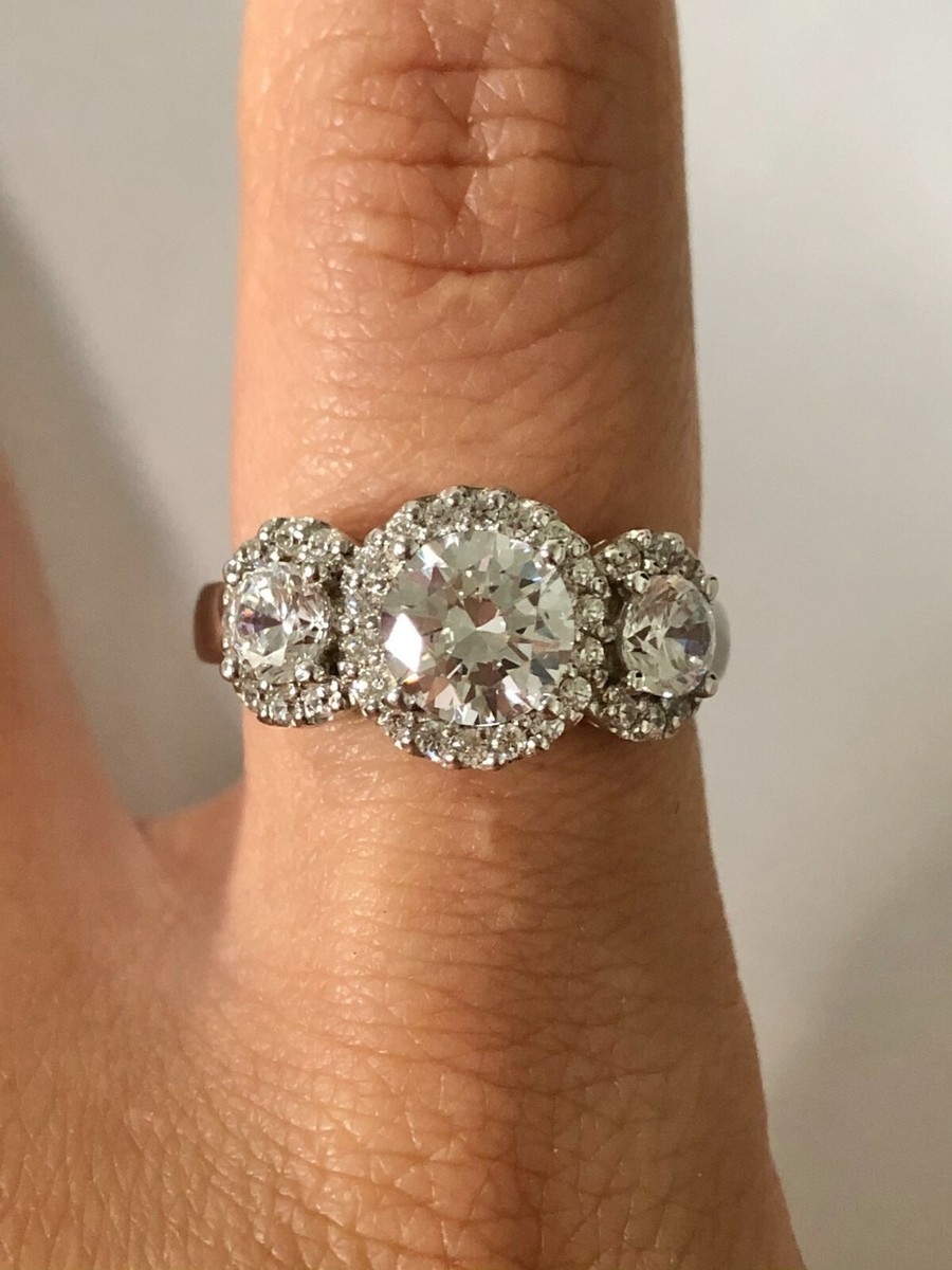 Dazzling CT Round Clear CZ 925 Silver Triple Stone Halo Style Ring Size 