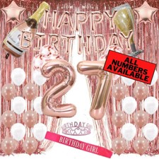 27th Birthday Rose Gold Decorations - 40" Number Balloons, Foil Curtains  More
