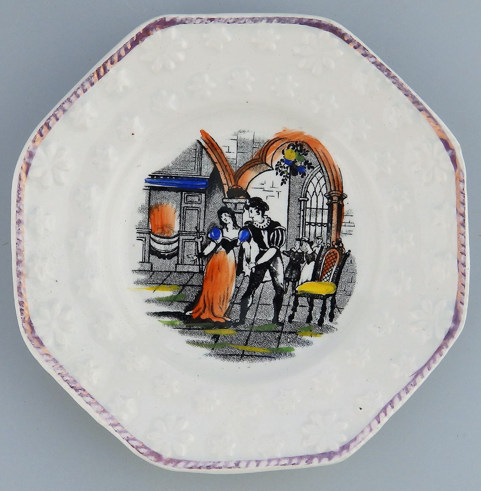 An antique Staffordshire pottery Nursery Plate with daisy & lustre border C.1840