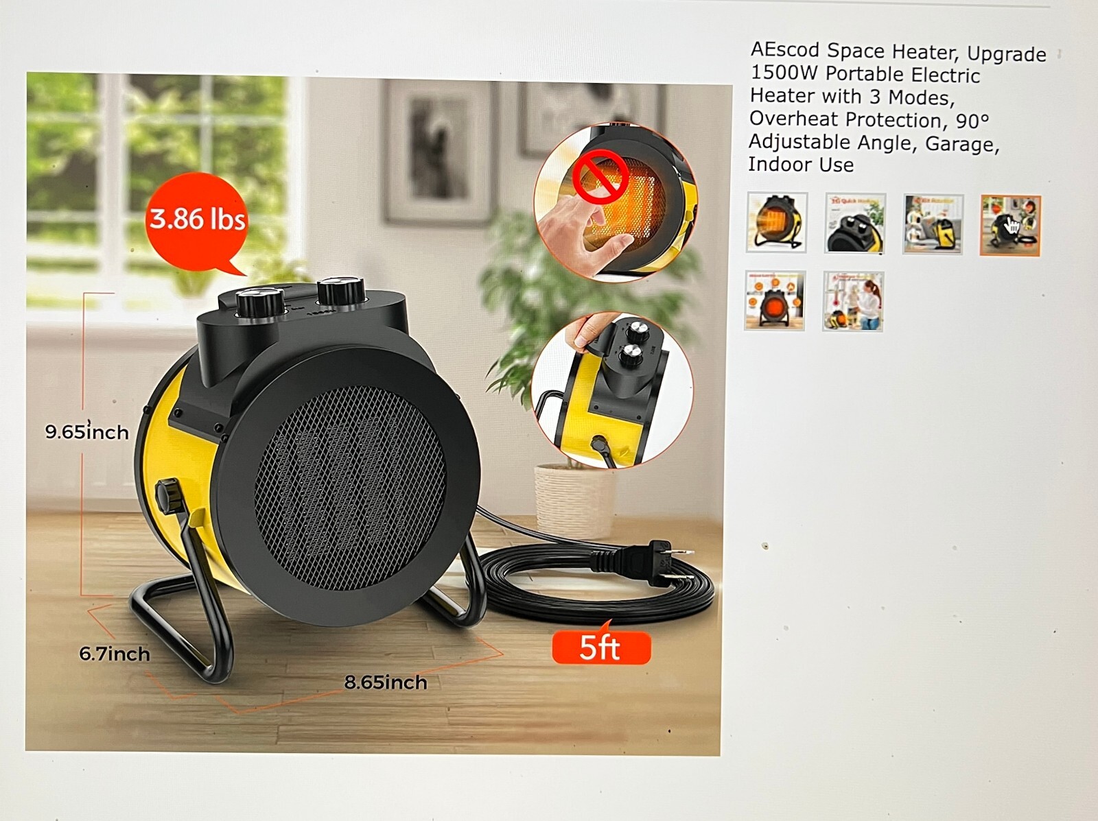 AEscod Space Heater Upgrade 1500W Portable Electric Heater 3 Modes Overheat  | eBay