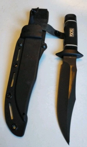 SOG Tech Bow Fixed Knife 6.38" AUS-8 Steel Clip Point Blade Black Rubber Handle