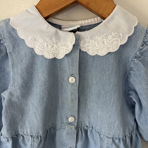 Vintage Oshkosh Denim Bubble Jumpsuit Romper 4T Peterpan Collar Pockets USA 90s - Picture 6 of 24
