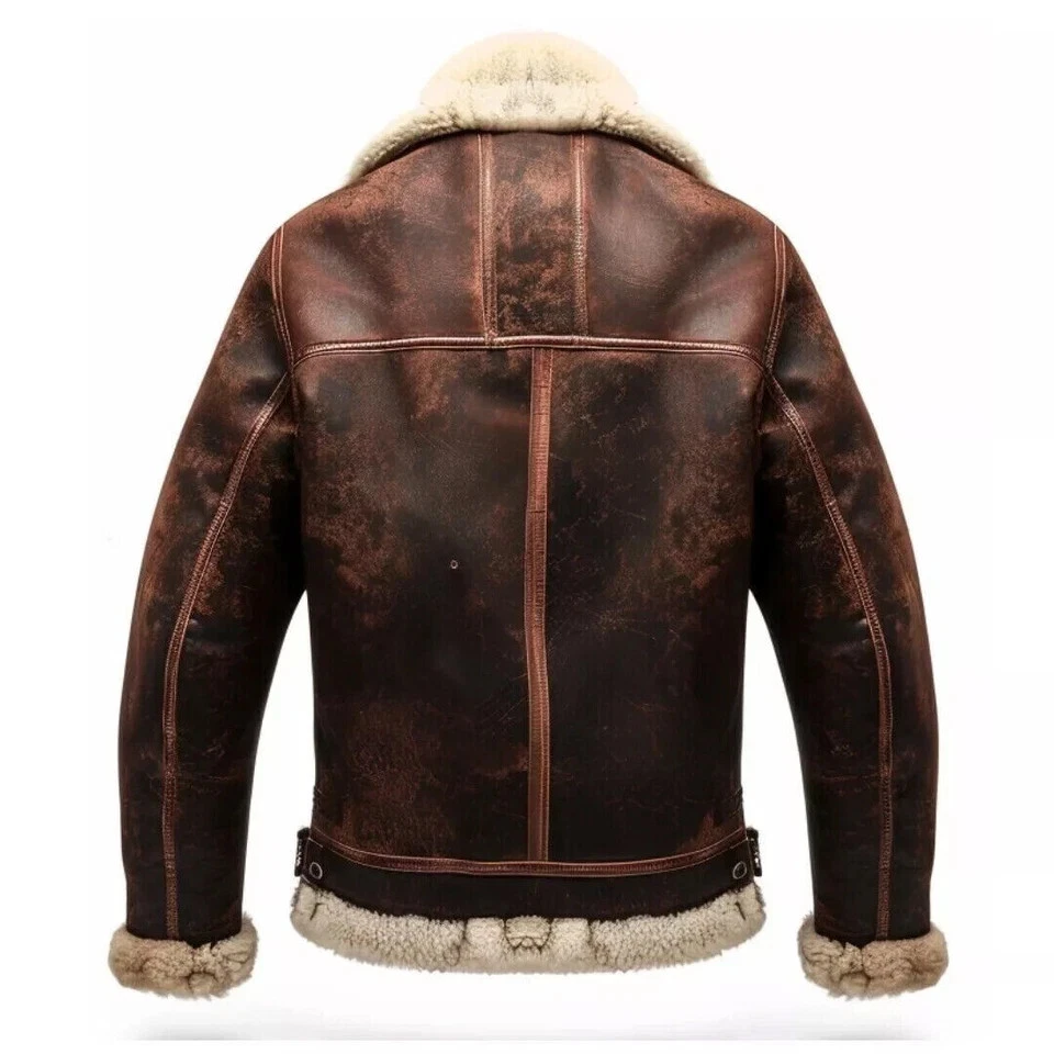 Men' Aviator Pilot B3 Real Shearling Sheepskin Leather Bomber Jacket Flying Coat - Image 3 of 4