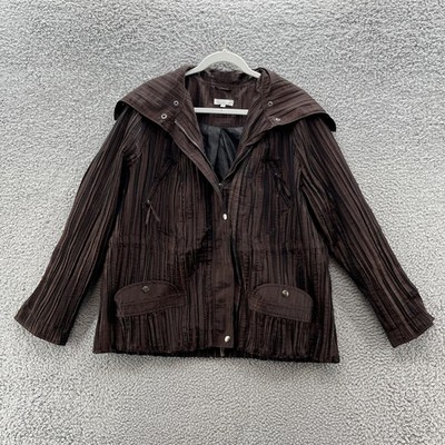 Ubu Jacket Womens XL Brown Pleated Full Zip Crinkle Polyester Pockets Coat
