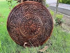 24'' Viking Hand Carved Shield Battle-Ready Design Handmade Wooden Round Shield