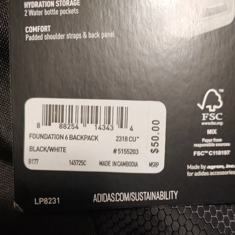 Adidas Foundation 6 Backpack - Black and White - New With Tags - Image 4 of 4