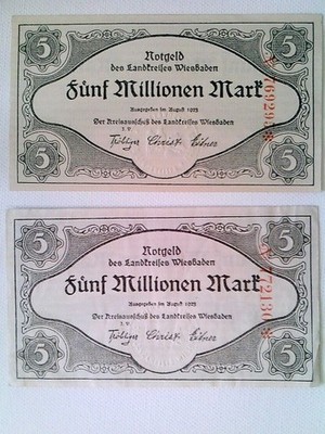 Banknoten, Notgeld, 2x Fünf Millionen Mark, Landkreis Wiesbaden, 1923, Konvolut