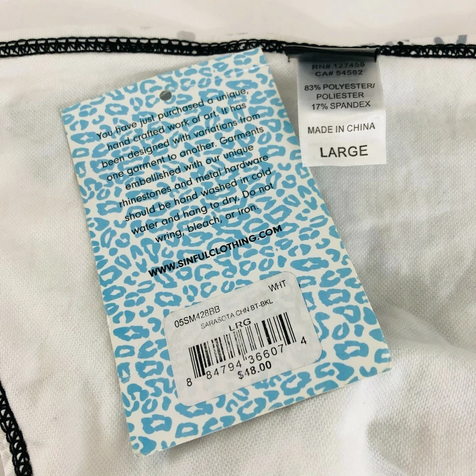 Sinful by Affliction Bikini Bottom Chain Roses Leopard Pistol Rhinestone White L - Image 4 of 4