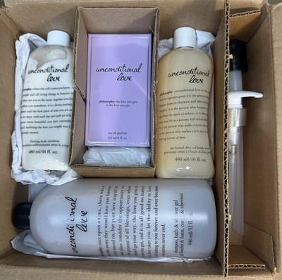 Philosophy UNCONDITIONAL LOVE 4pc Gift Set Perfume Lotion Scrub Shampoo Bath Gel