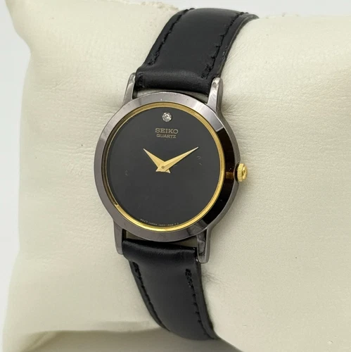 Vintage 1980s Women’s SEIKO Gold & Black Tone Watch, 26mm, Leather, 1N00-0C99