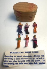 Vintage Guatemalan Folk Art "Worry Dolls" Set Of 6 In Wooden Box With Story