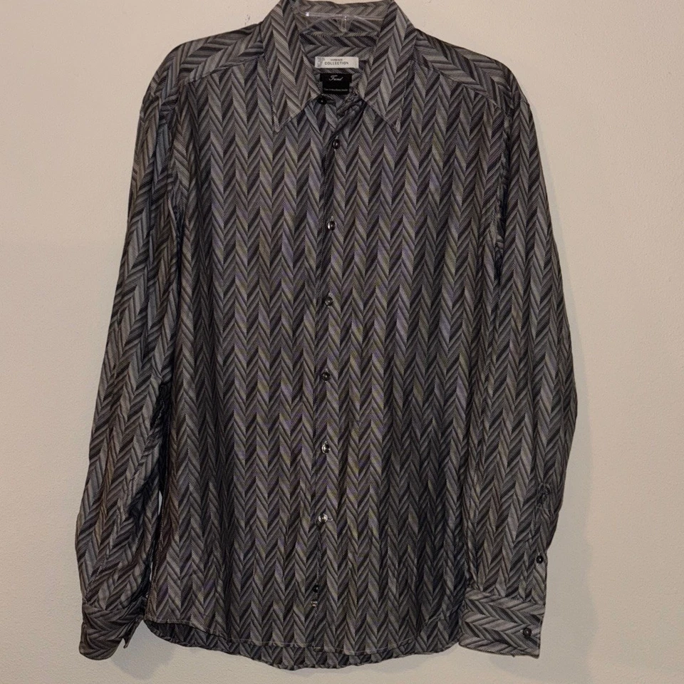 Camisa social Versace Collection masculina manga longa listrada cinza City 41/16 - Imagem 3 de 4