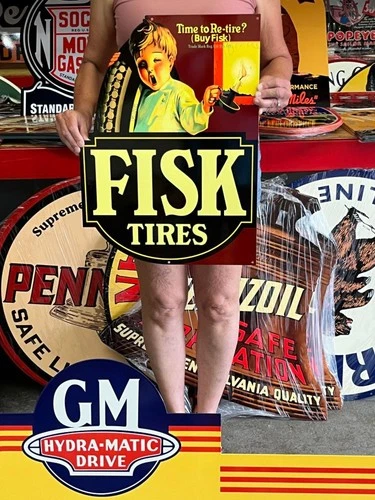 Vintage Old Style Steel Sign Fisk Tires NOT Porcelain Made USA 22"x16"