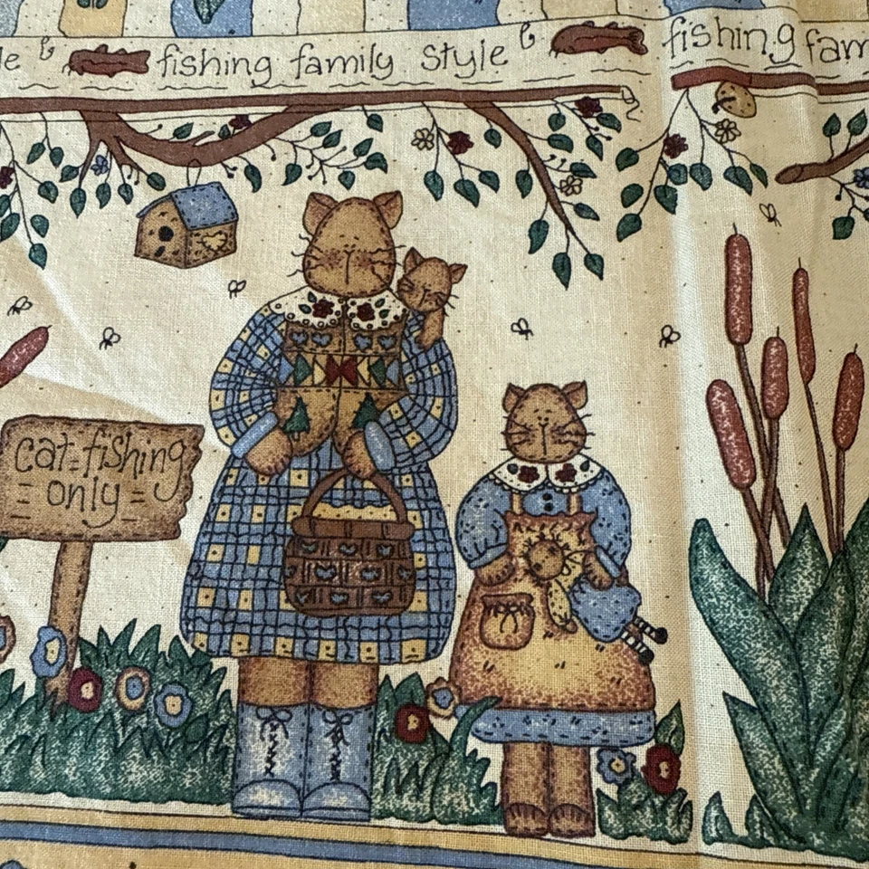Cats Family Fishing Farm Country Peace Creek Border Cotton Fabric Kittens 1996 - Image 2 of 4