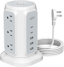 Flat Plug Power Strip Tower 9 Outlets and 5 USB Ports 2 USB-C , 1200J Surge Pro