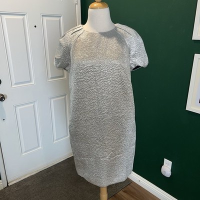 NWT St. John Silver Metallic Shift/Cocktail Dress Puff Short Sleeve & Pockets 8