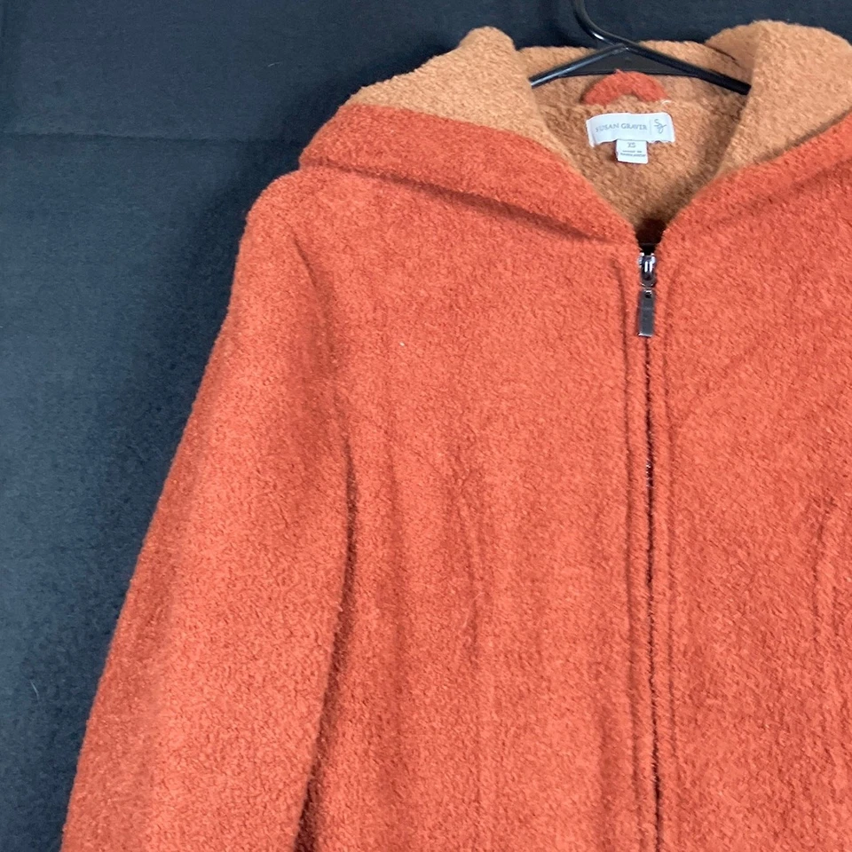 Susan Graver Womens Coat Orange Hooded Full Zip Faux Leather Trim Fleece XS - Image 4 of 4