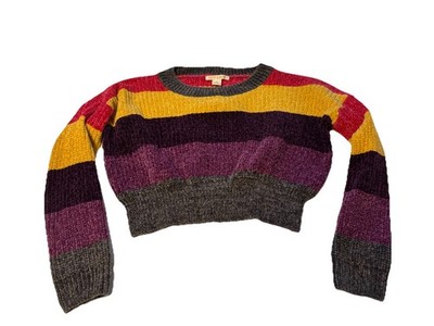 Luv Lane Colorful Multicolor Stripe Chenille Cropped Knit Sweater Women M Preppy