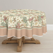 Floral Round Tablecloth 70x70 Inch Round, Pink Birds Elegant Vintage Washable Se