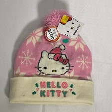 Hello Kitty Pink Snowflake Pom Pom Christmas Beanie Hat One Size NWT