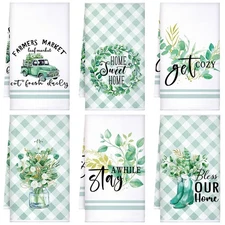 Set of 6 Eucalyptus Kitchen Towels Green Leaves Dishtowels Absorbent Spring S...