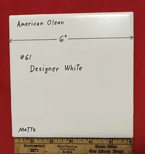 1 pc. *Matte Designer White* #61 by American Olean 6" X 6" Ceramic Tile: NEW