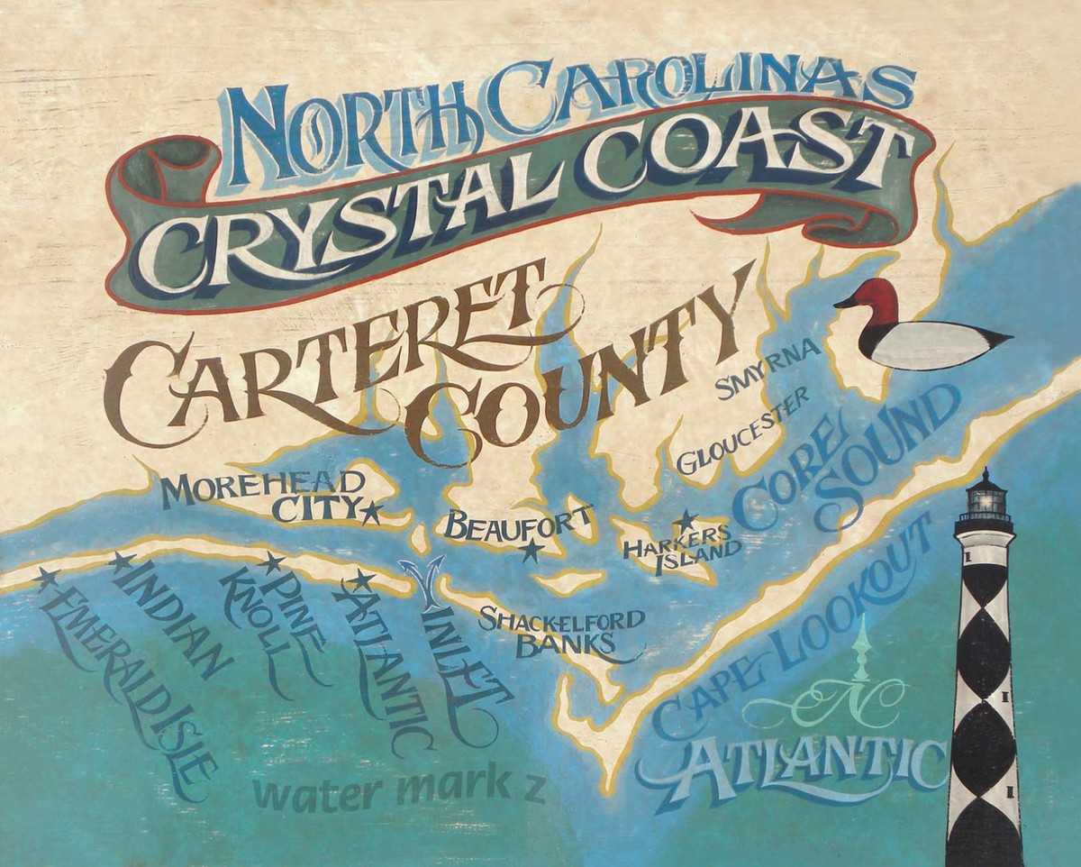 NC Crystal Coast retro style map Print north carolina sign