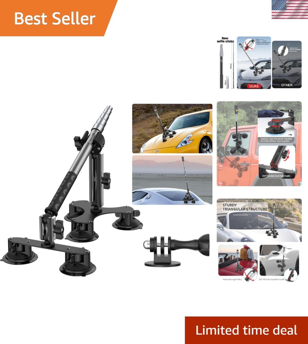 Sturdy Suction Car Mount with 59'' Selfie Stick for Insta360