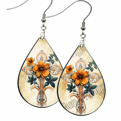 Floral Celtic Crucifix Earrings Teardrop NO TARNISHING Dangle Religious Jewelry